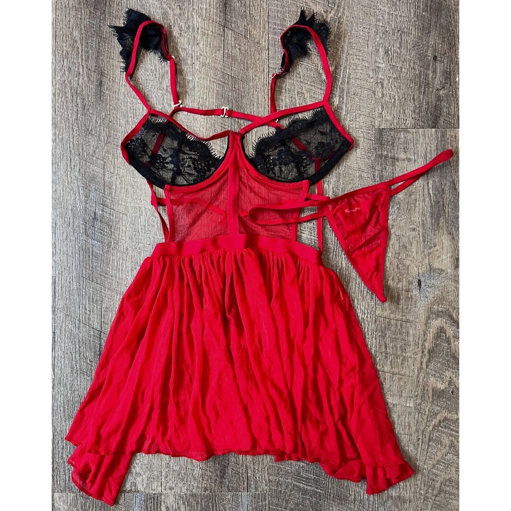 Red and black strappy 2 pc lingerie teddy mesh lace babydoll sexy size S/M